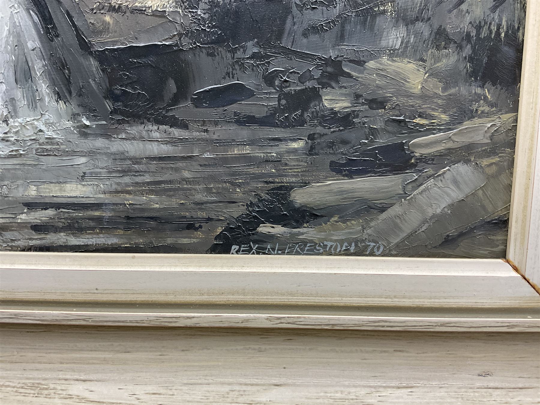 Rex N Preston (British 1948-): Upland Waterfall, oil on board signed and dated '70, 60cm x 39cm