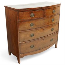 19th century mahogany bow-front chest, fitted with two short and three long graduating cock-beaded drawers, on bracket feet 