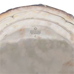 Set of three late 19th century Mappin Brothers silver plated plates, the pie crust rims with oblique gadrooned edge, each engraved with dragon armorial crest, D26cm