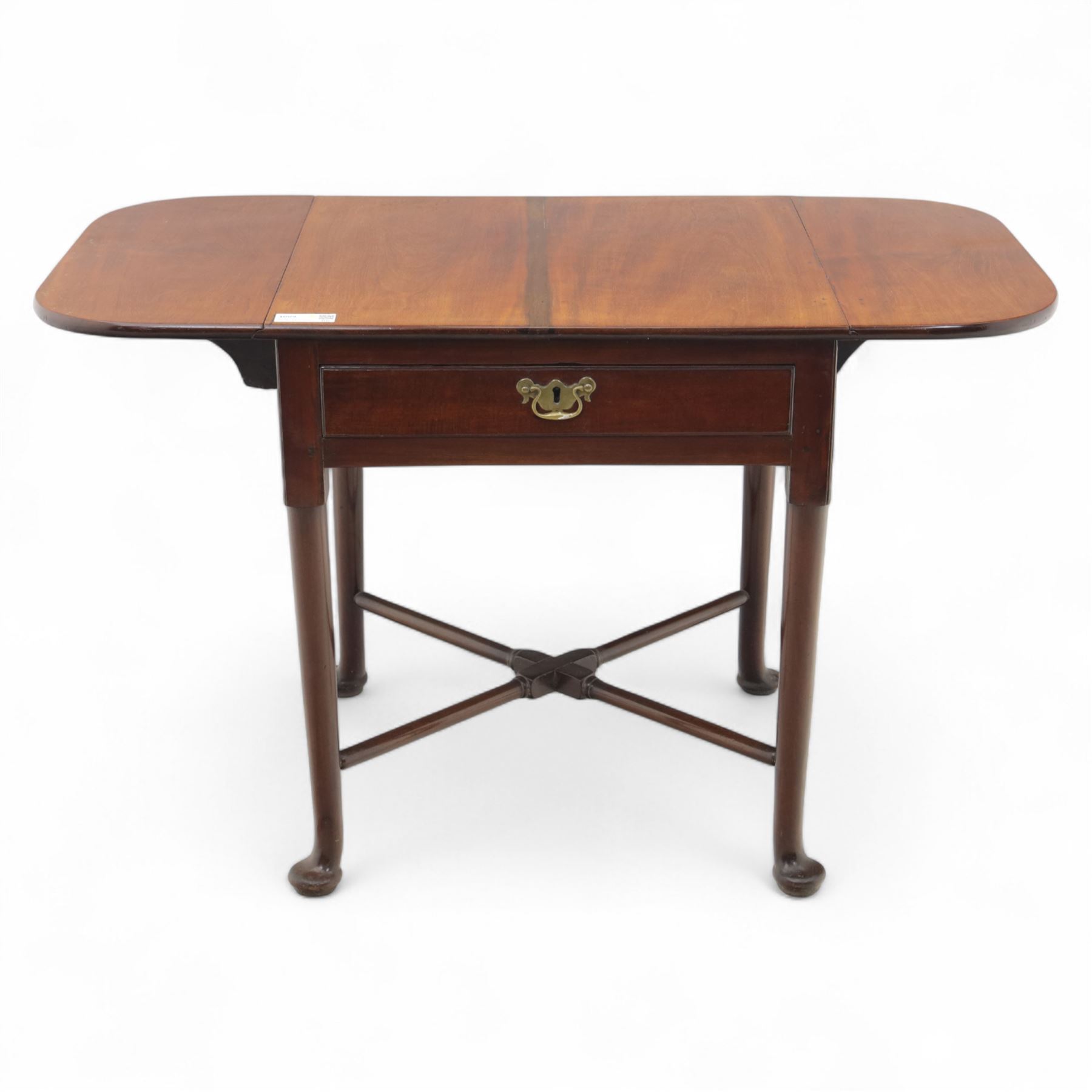 Early 20th century Georgian design mahogany drop leaf table, rectangular top with twin drop leaves above a single frieze drawer on sender tapered legs united by a cross-stretcher and terminating in pad feet  