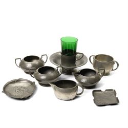 Quantity of Tudric pewter including small hammered pedestal bowl, milk jugs, sugar bowls e...