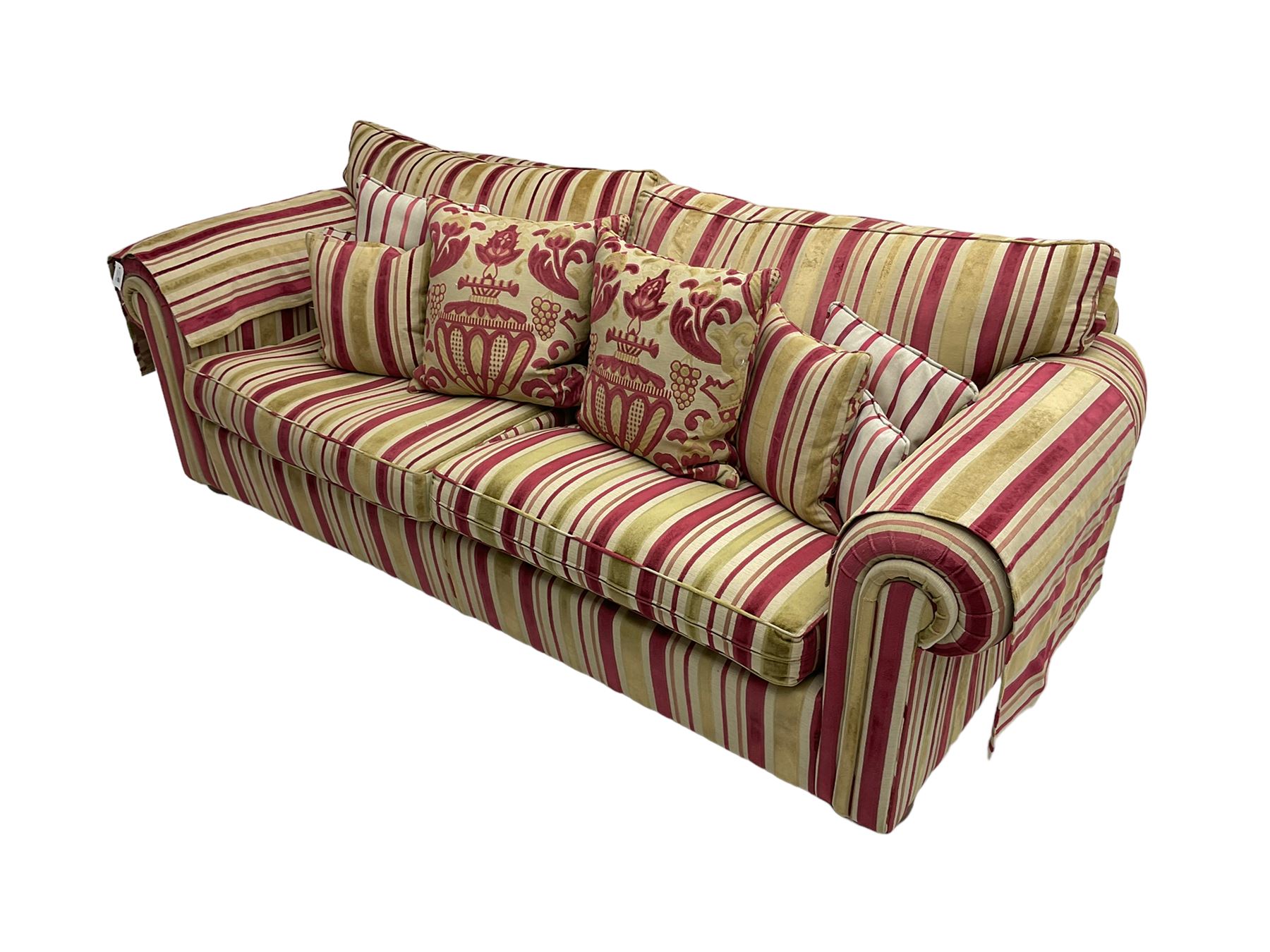Duresta - 'Waldorf' large three seat sofa, upholstered in multi-colour striped fabric, on compressed bun feet