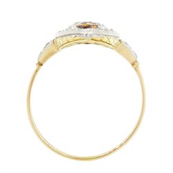 Early 20th century gold and platinum diamond, ruby and pearl marquise shaped ring, set with a single white pearl, within a fancy openwork old cut diamond and kite cut ruby surround, with diamond set shoulders, total diamond weight approx 0.50 carat