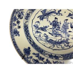 Pair late 18th/early 19th century Chinese export plates, decorated with a central panel of three figures and phoenix in a landscape set with fence and flowers, within floral and diaper borders, D32cm 