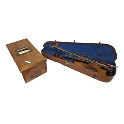 Antique wooden till together with a cased violin 