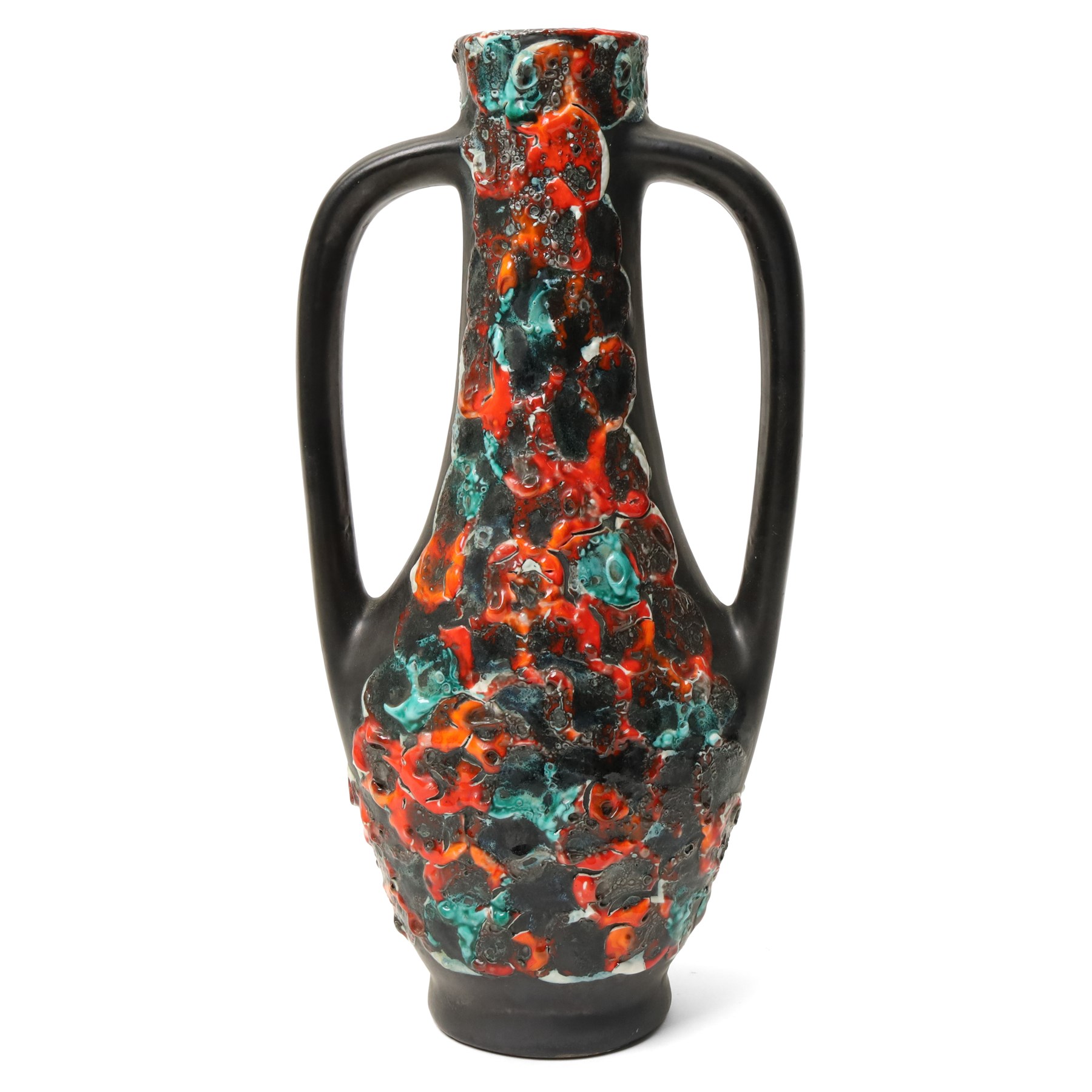 Mid-century twin-handled fat lava vase, H45cm 