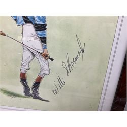 Enamel Horse racing members badges, together with three framed signed racing characters jockey prints, including Steve Smith Eccles, Willie Shoemaker and Greville Starkey, and one other print