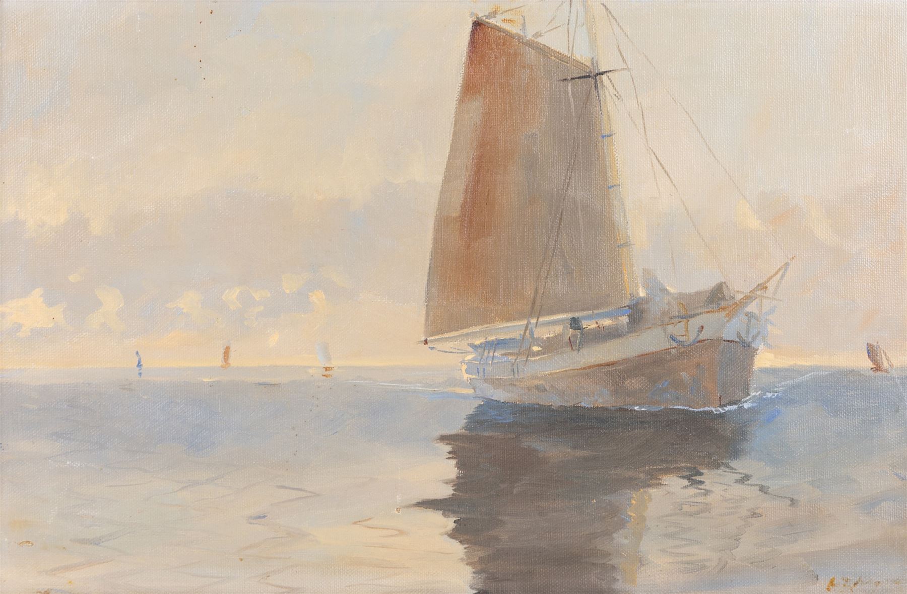 Arvid Claes William Johanson (Swedish/French 1862-1923): Sailing Boats in Serene Waters, oil on canvas signed 37cm x 57cm