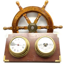 Wall hanging Spectrum quartz clock and Weathermaster barometer, together with six turned spokes ship wheel with brass central boss, D48cm