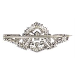 Art Deco platinum milgrain set old cut and vari-cut diamond openwork brooch, total diamond weight approx 1.10 carat