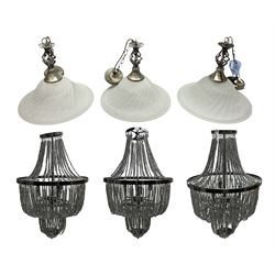 Three contemporary metal beaded chandeliers retailed by Next, approx L60cm excl fitting, together with three frosted glass light fittings with brushed metal mounts, approx L30cm excl fitting