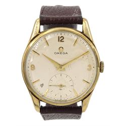 Omega gentleman's 9ct gold manual wind wristwatch, Cal. 268, serial No. 18119016, case No. 923 153101, silvered dial with subsidiary seconds dial, Birmingham 1961, on brown leather strap 