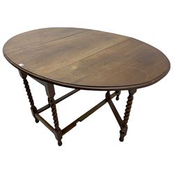 Early 20th century oak barley twist drop leaf dining table (105cm x 154cm, H74cm), and four chairs 