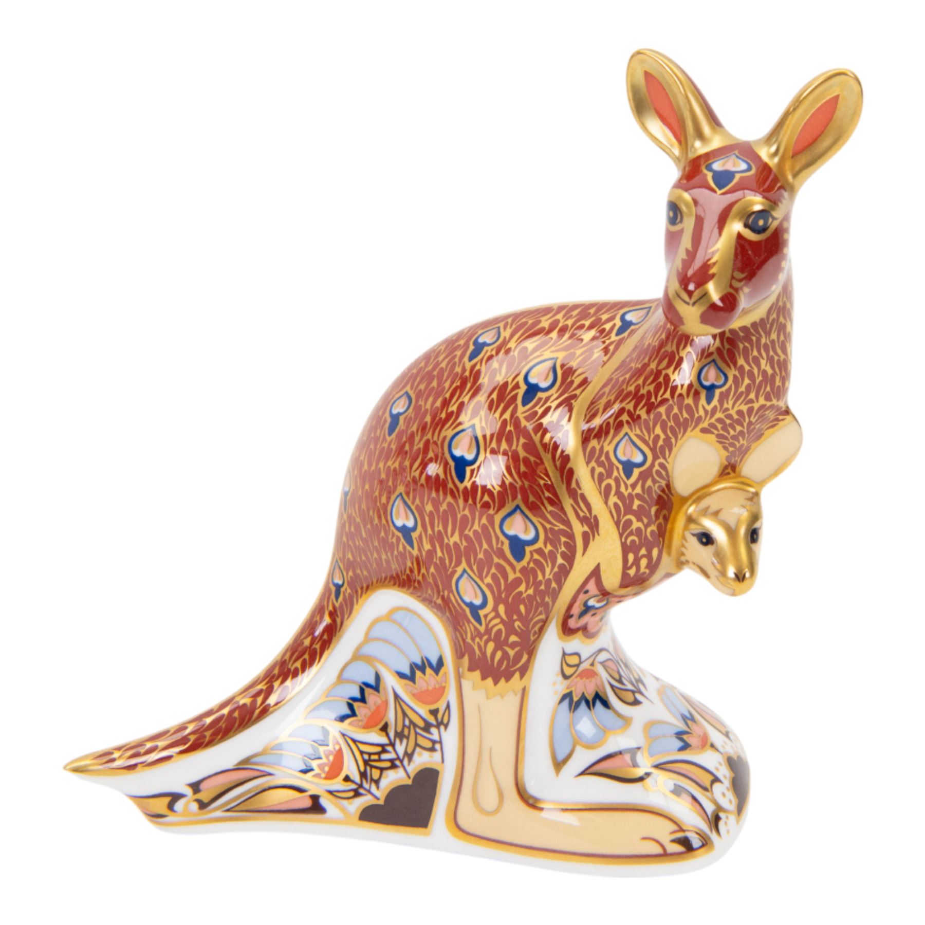 Set of three Royal Crown Derby paperweights, The Australian Collection, Kangaroo and Joey, Duck-billed Platypus, and Koala and Baby, part of a gold signature edition with limited availability until the end of 2000, each with gold stoppers, Kangaroo and Joey H15cm