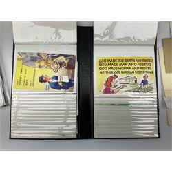 Comic postcards including Bamforth and Quip examples together with WW1 postcards, a collection of world stamps including examples from China, and other ephemera 