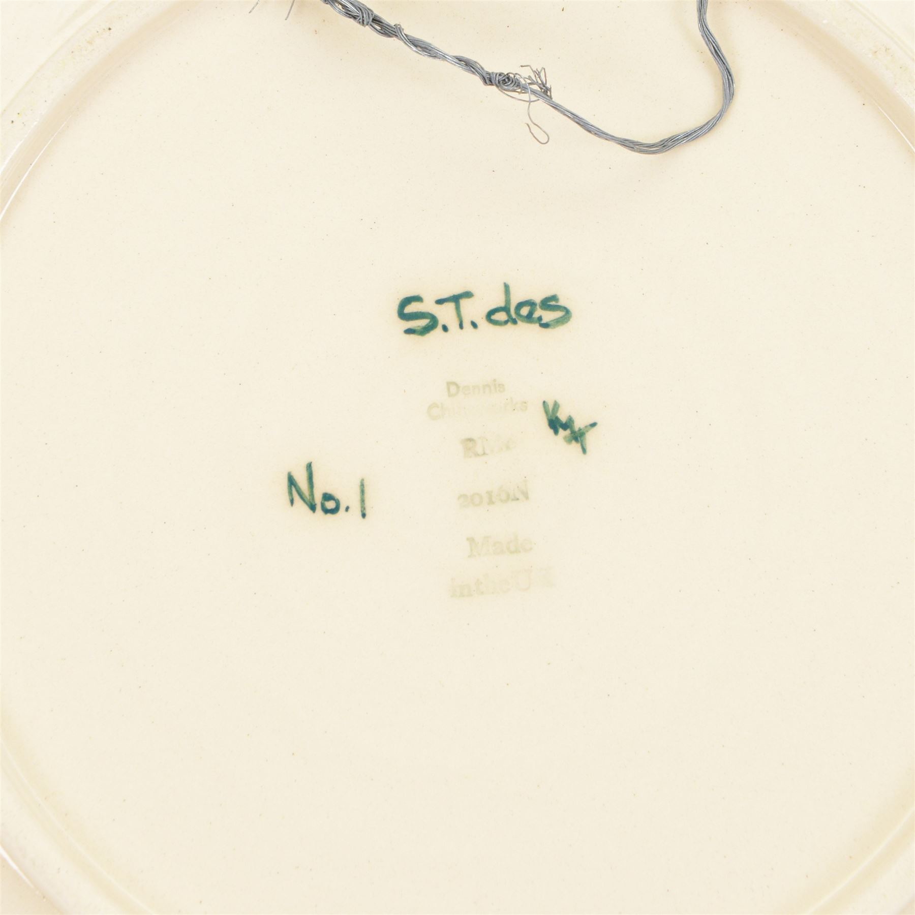 Dennis China Works charger, designed by Sally Tuffin, dated 2016, tube line decorated with  stylised yacht decoration on a blue/green ground, D37cm