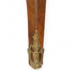 Late 18th-century Louis XV kingwood marquetry commode, rectangular top with original serpentine Breche marble top, above two long crossbanded drawers with rococo style gilt bronze handles and escutcheons in marquetry framed panel in various woods, shaped and centered apron with gilt bronze foliate mounts, sides and drawer fronts with cube geometric marquetry design, on slender cabriole legs with gilt bronze sabots  