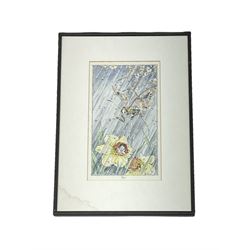 S Greenhalgh (British 20th century): 'April' Daffodil Fairy Illustration, watercolour and pen signed and titled 33cm x 18cm