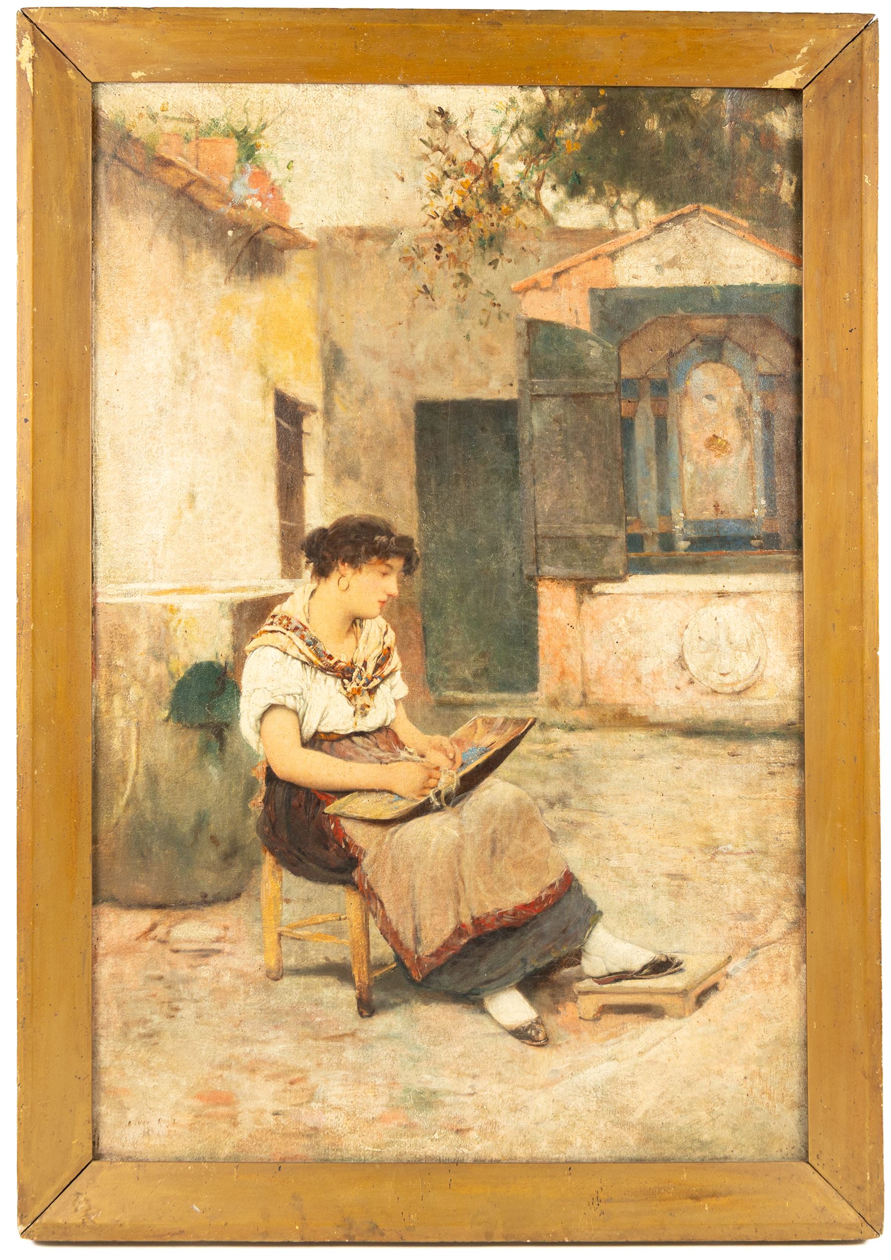 Oliver Rhys (British 1854-1907): Beadwork in a Mediterranean Courtyard, oil on canvas signed and indistinctly dated 75cm x 50cm