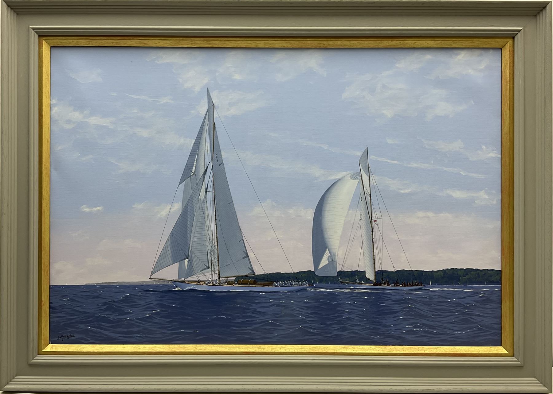 James Miller (British 1962-): Big Class Yachts 'Downwind towards the mark Tuiga and Mariquita - The Westward Cup 2010', oil on canvas signed, titled verso 49cm x 74cm 