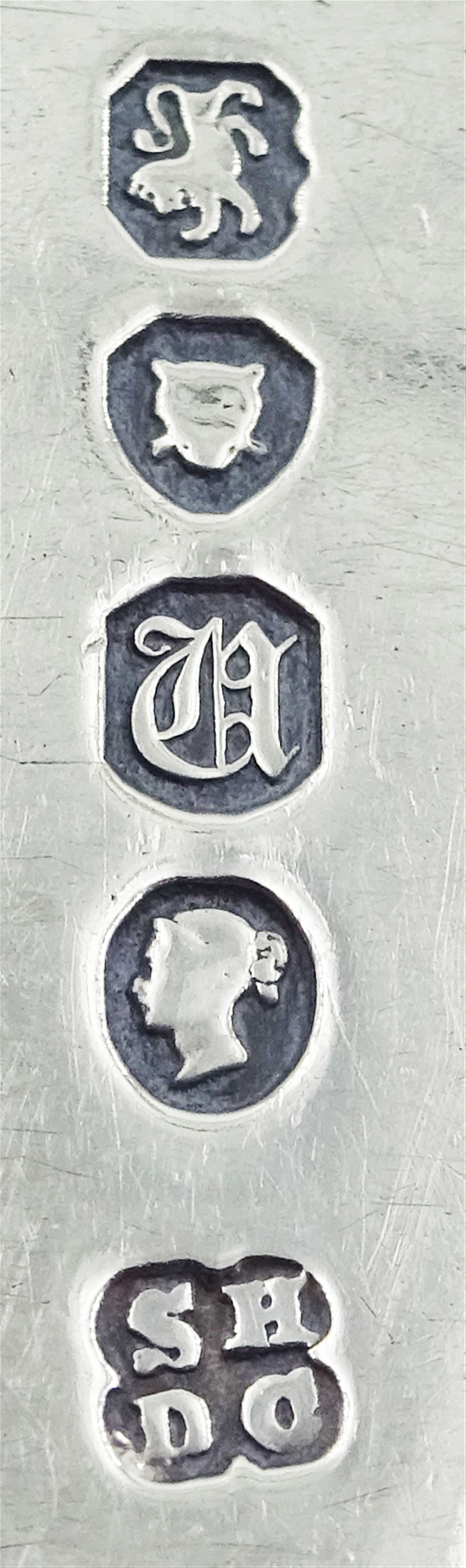 Seven silver Fiddle pattern forks with engraved initials to terminals, comprising set of five Victorian examples, hallmarked John Stone, Exeter 1845, a William IV example, hallmarked William Rawlings Sobey, Exeter 1836, and a Victorian example, hallmarked Samuel Hayne & Dudley Cater, London 1855, approximate weight 10.03 ozt (312 grams)