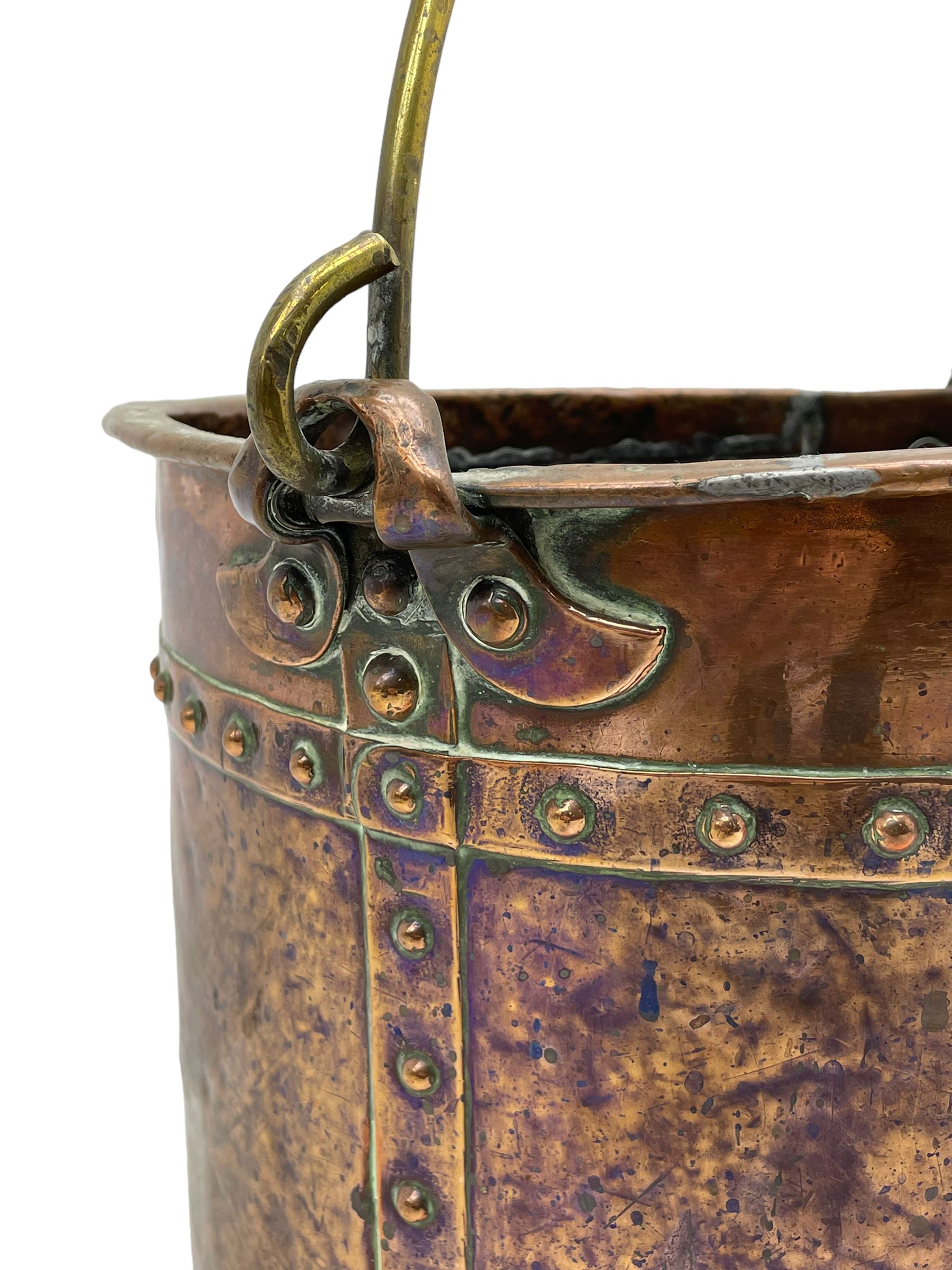 19th century riveted copper and brass mounted coal bucket of cylindrical form 