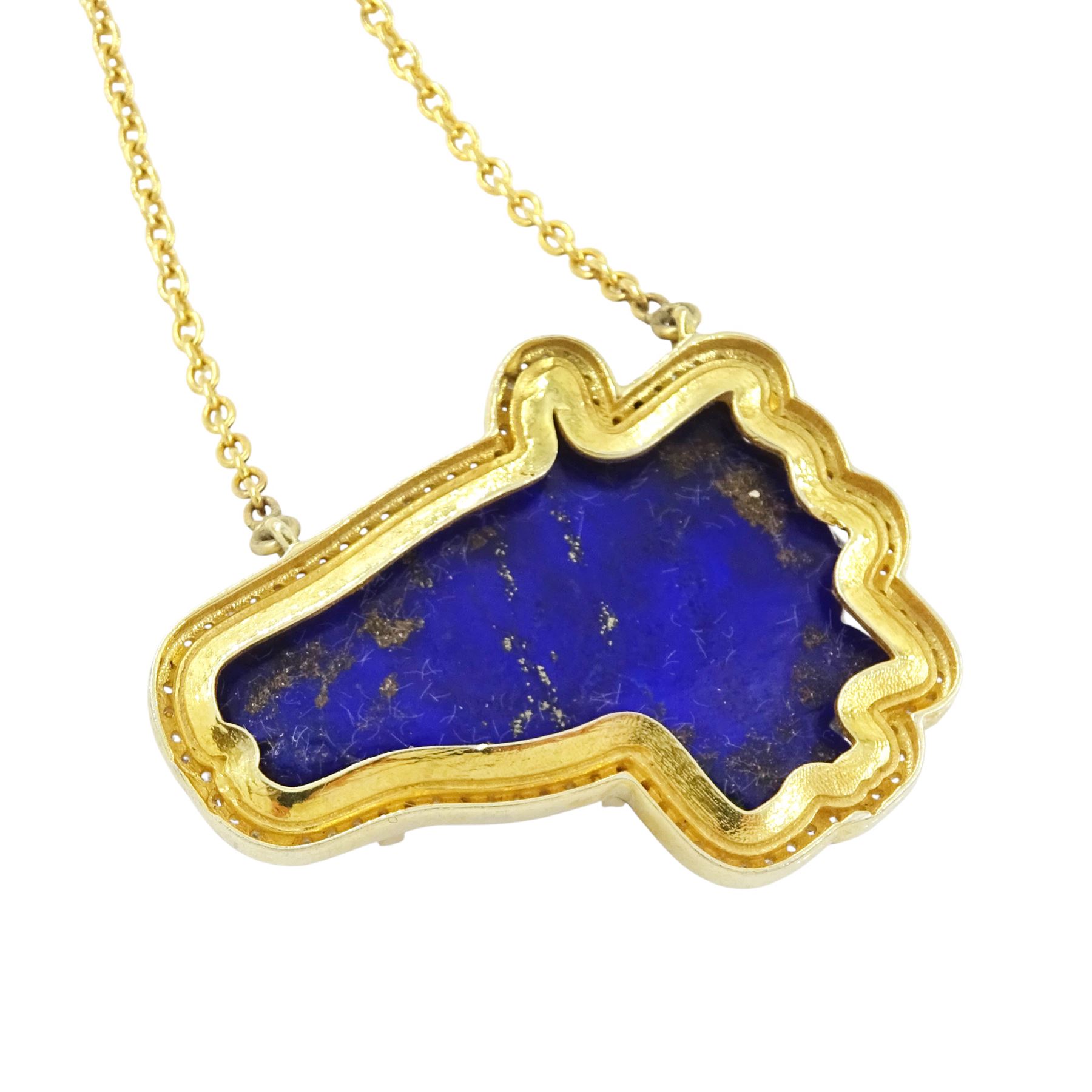 Silver-gilt lapiz lazuli and diamond horses head necklace, carved head with rose cut diamond surround, to a gilt fine link chain necklace, lapiz weight approx 46.20 carat, total diamond weight approx 0.50 carat