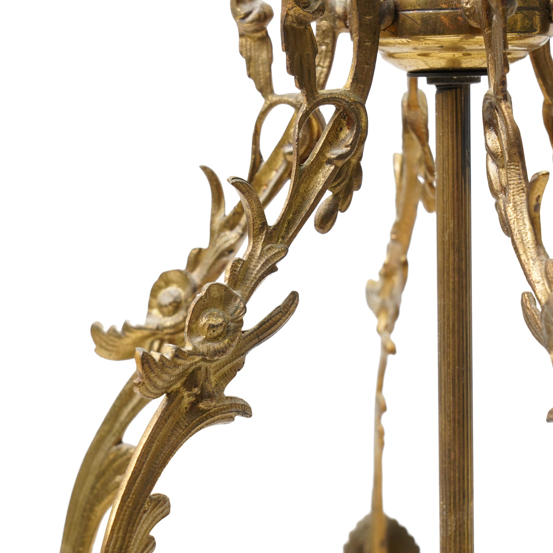 Three light hall lantern in metal and glass case, of hexagonal form, with classical decoration including a hand holding scroll handle, drop 72cm