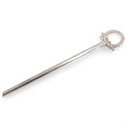 Edwardian silver meat skewer, with wreath loop handle, hallmarked James Dixon & Sons Ltd, Sheffield 1902, together with a late 20th century silver mounted bottle coaster with turned wooden centre, hallmarked W I Broadway & Co, Birmingham 1982, coaster D13cm