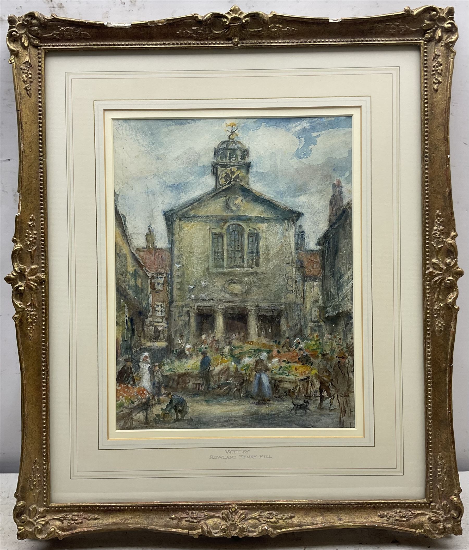 Rowland Henry Hill (Staithes Group 1873-1952): Market at the Old Town Hall Whitby, watercolour and pastel signed 31cm x 24cm