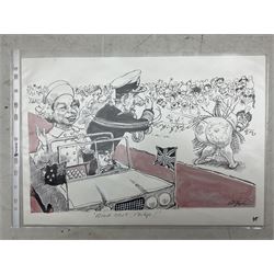 Charles Griffin (British 1946-): 'Good Shot, Philip!' Queen Elizabeth and Prince Phillip New Zealand tour, pen and ink cartoon signed and captioned, 29cm x 41cm (unframed)