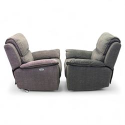 Oak Furnitureland - charcoal fabric electric recliner suite, comprising three-seat sofa and two matching armchairs, each with power reclining mechanism and integrated USB-A charging socket, upholstered in soft charcoal grey fabric with pillow arms and split back cushions

Armchairs W 100, D 82, H 104cm
Sofa W 230cm, D 82cm, H 104cm