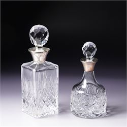 Square glass scent flask with silver collar and facet cut stopper Birmingham 1990, another and a glass claret jug with plated mounts