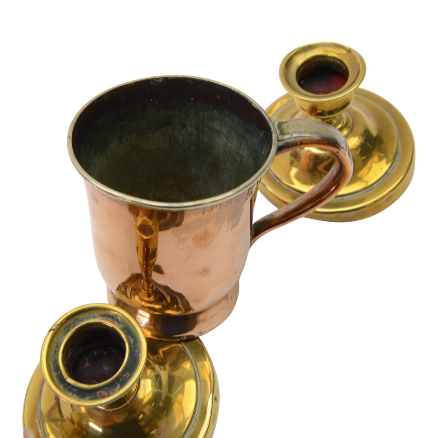 Copper kettle, together with other copper items and brassware 