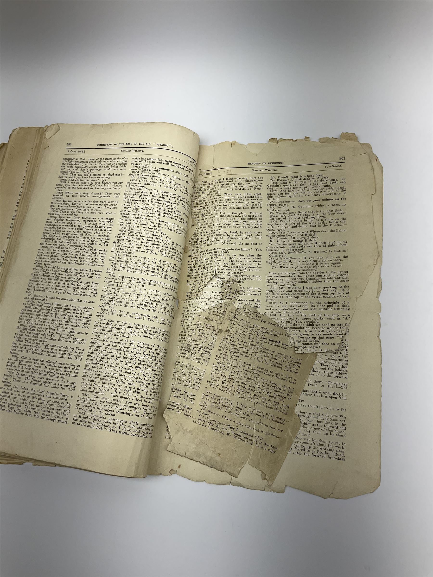 White Star line SS 'Titanic' - Proceedings Before The Right Hon. Lord Mersey, with Rear Admiral The Hon. S.A. Gough-Calthorpe C.V.O., R.N., et al. On a formal investigation ordered by the Board of Trade into the loss of the SS 'Titanic'. In the Wreck Commissioner's Court May/June 1912. Published by HMSO London. Unbound with hand written paper cover titled 'Evidence Given At 'Titanic' Inquiry 1st to 18th days. Incomplete - missing days 1 to 4 in list of witnesses, day 18 missing pp.503-506, appendix inserted between days 17 and 18. A rare and interesting part copy of the proceedings with unique annotations in many page margins. The first day title page is named in ink 'Mrs. Robinson', presumably Mrs. Annie Robinson First Class Stewardess and survivor, whose examination was on the eleventh day and which is partly highlighted in red pencil. The first eleven days also contain various pencil marginalia, hand unknown, together with a pencil cross-section drawing of the ship, with references to the pre-voyage fire and the engineers. The title pages of the twelfth day to the eighteenth day are all named in ink 'Mr. Boyle', referring to Alexander Boyle, with the twelfth day also bearing his professional stamp as 'Engineer Surveyor In Chief 23rd May 1912 Board of Trade'. No marginalia is found on days 12 to 18.