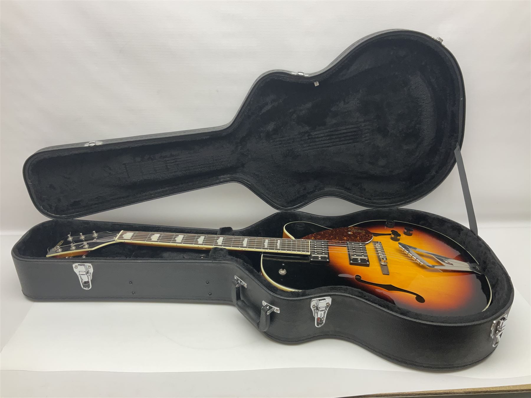 Gretsch G2420/ABB semi-acoustic guitar with three-tone sunburst finish, serial no.IS191201597, L107cm overall; in original hard carrying case dated 2019.