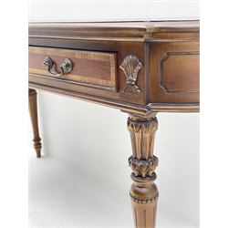 Late 20th century mahogany cross banded console table, fitted with two short drawers, carved and moulded tapering supports 