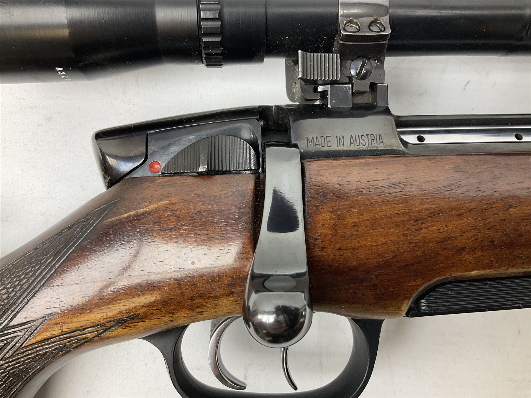 30-06 Steyr-Mannlicher Model M bolt-action rifle, the 61cm hammer forged barrel with side safety, double set trigger and lift-out rotary magazine, walnut stock with chequered pistol grip and fore-end and additional soft leather cheek piece, Pecar Berlin Champion 8 x 45 telescopic sight with quick release mounts, serial no.204791 L111cm FIREARMS CERTIFICATE REQUIRED OR RFD