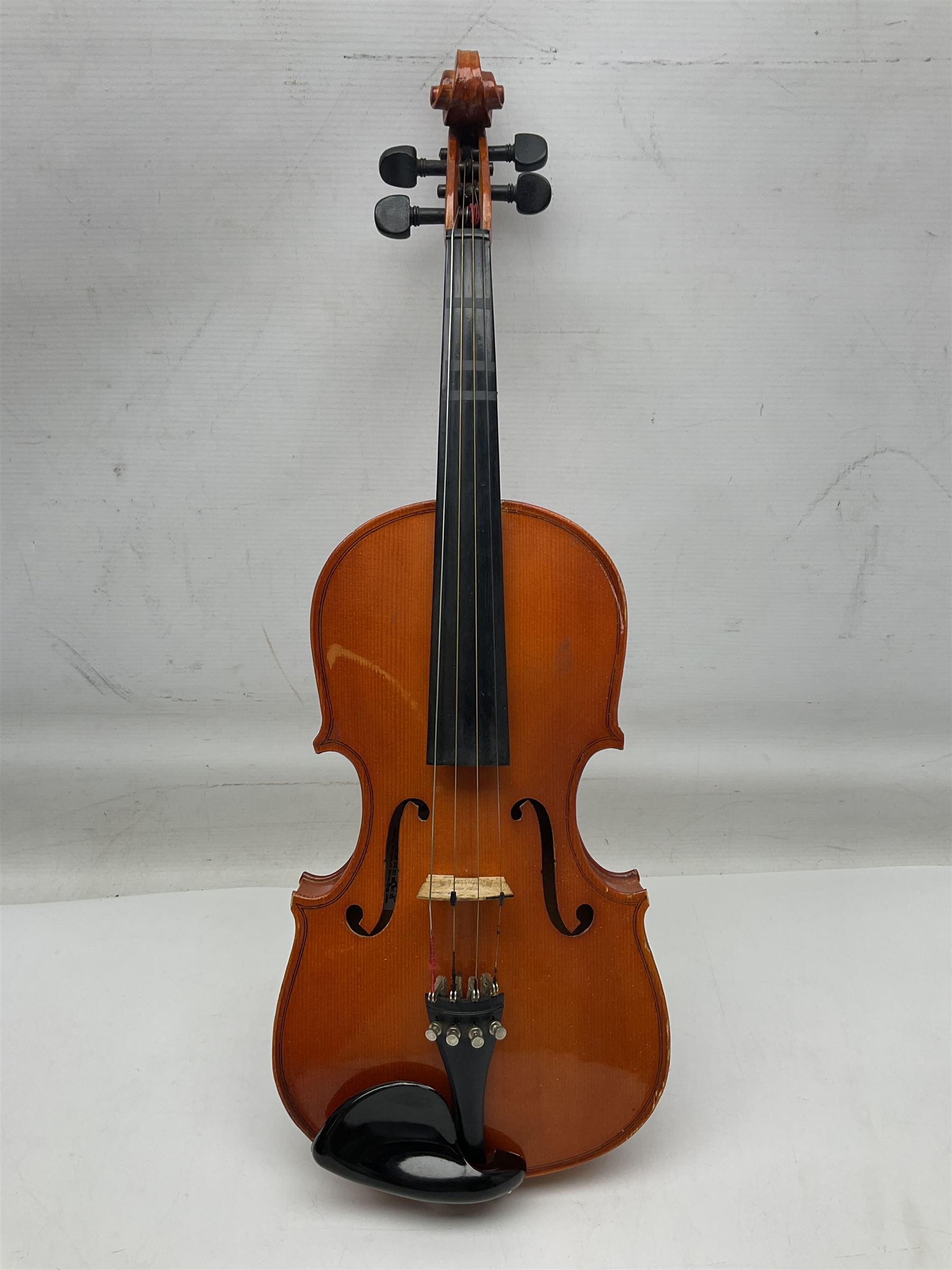 Four student violins - two Chinese three-quarter size with 33.5cm and 34cm two-piece backs; Stringers of Edinburgh quarter size with 28cm two-piece back; and Stentor quarter size with 28cm two-piece back; each in carrying case (4)