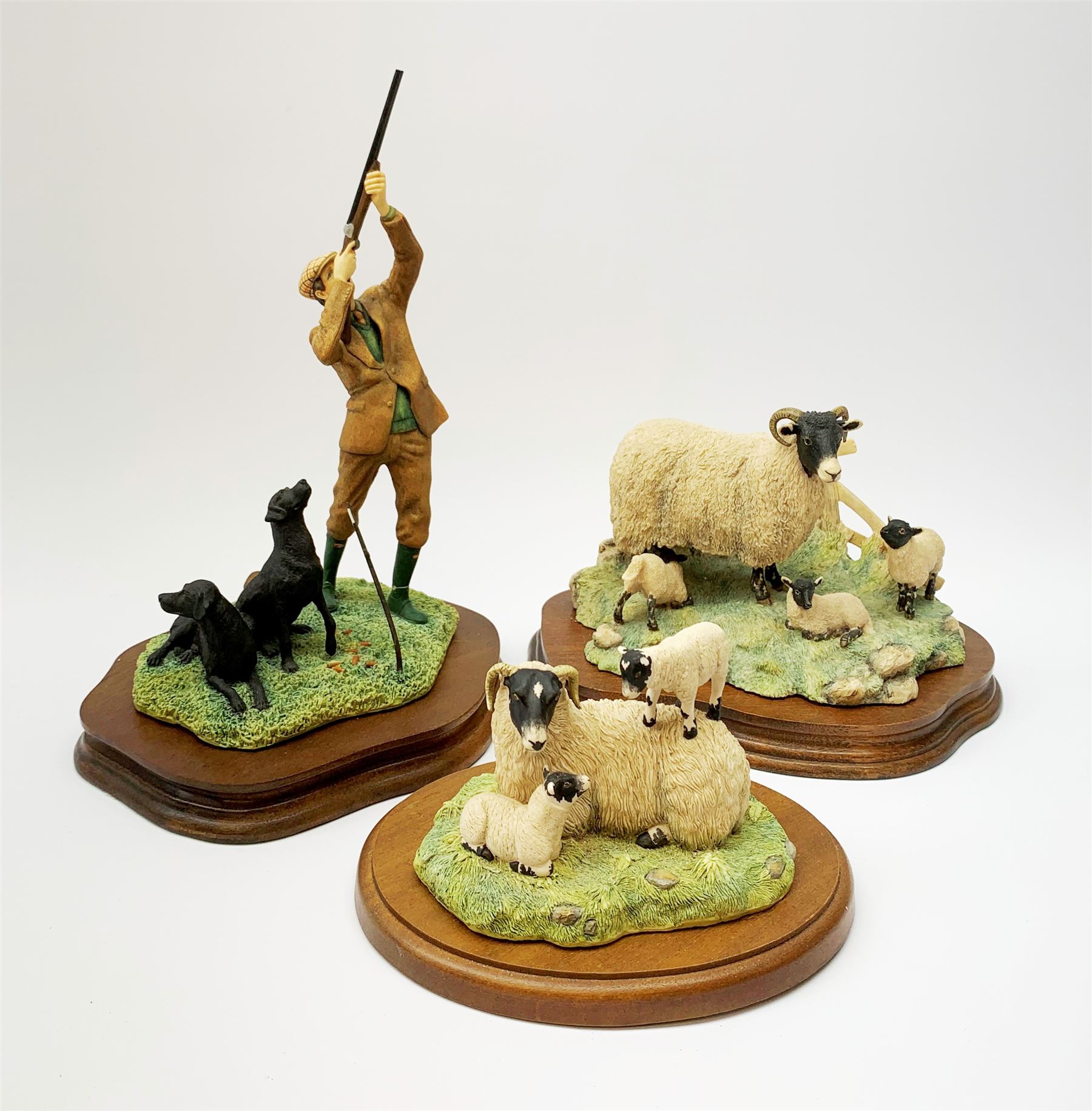 Three Border Fine Arts models, Spring Lambing, model no JH6, by Ray Ayres, King of the Castle, model no JH37, by David Walton, and Reaching for the high bird, with black Labradors, by Ray Ayres, each upon wooden base