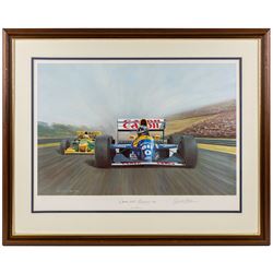 After Gerald Davison Coulson (British 1926-2012): ‘The Flying Scotsman’ and ‘Damon’s First – Hungary 1993’, together with Alan Fearnley (Yorkshire 1942-): ‘Alan Jones’ and Tony Smith (British 20th Century): ‘Damon’s Dream’, set of four limited edition Formula 1 themed prints signed and two signed by drivers David Coulthard and Alan Jones in pencil max 40cm x 61cm (4)