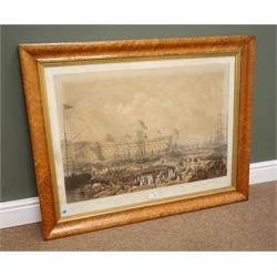 Large 19th century coloured engraving after Ranwell 'The Launch of the Trafalgar' in the presence of her Most Gracious Majesty Queen Victoria and his Royal Highness Prince Albert at HM Dockyard Woolwich in maple wood frame, 61cm x 81cm  