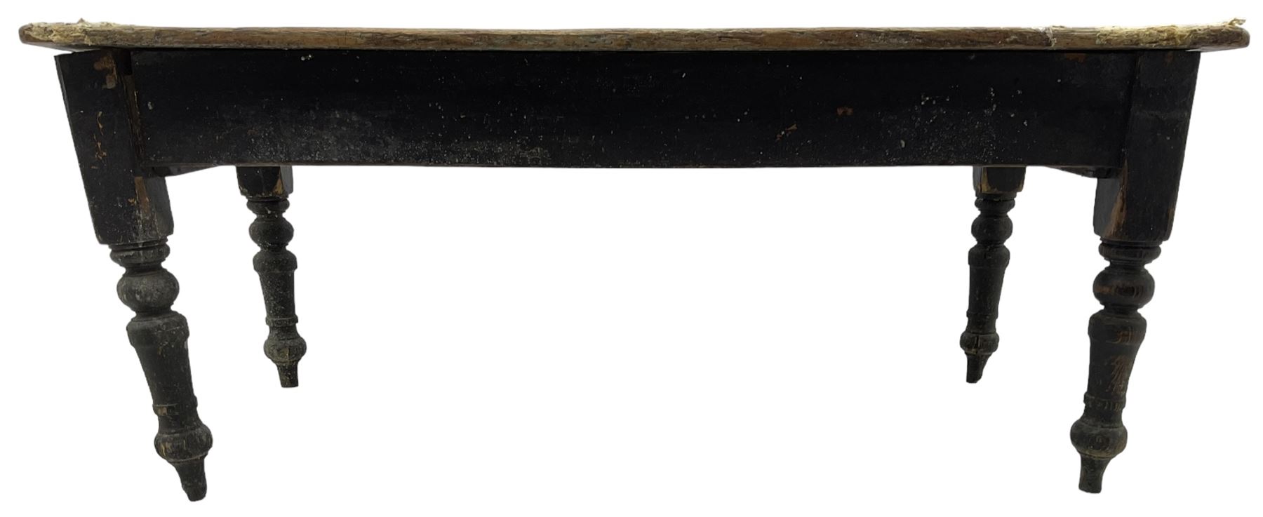 Victorian pine farmhouse dining table, rectangular plank top on painted base, fitted with two end drawers, on turned supports 