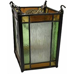 Arts and Crafts style leaded glass lantern, with clear and stained geometric glass panels, lantern H30,5cm L19cm