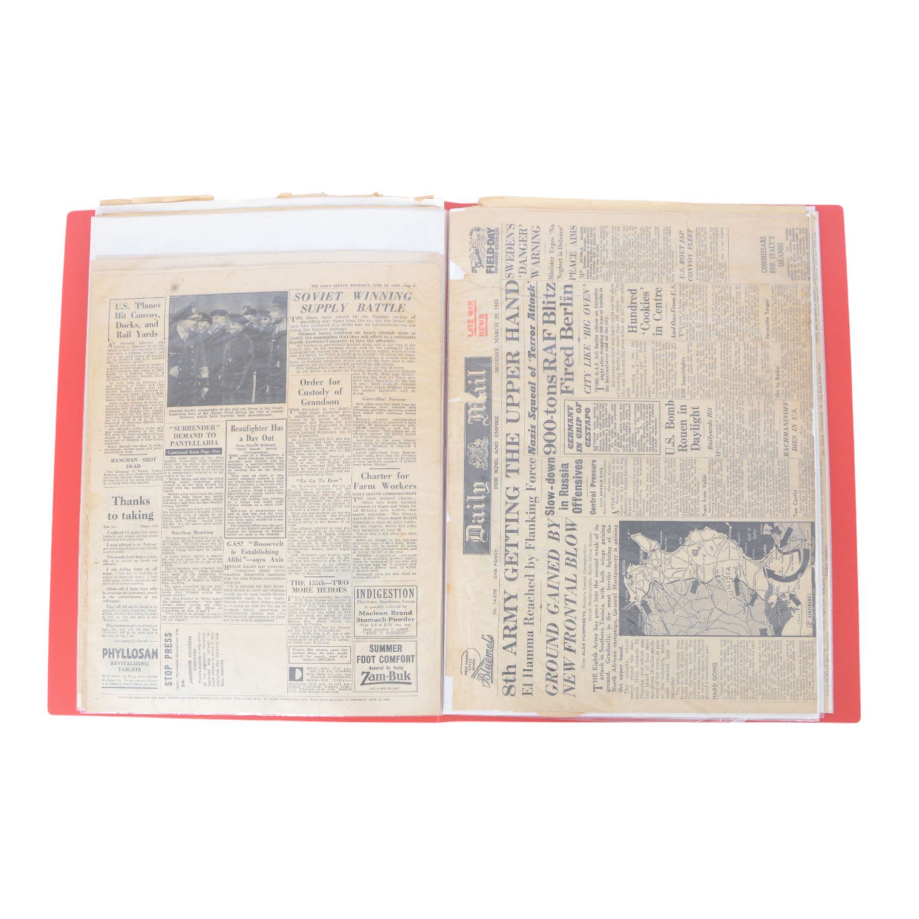 WWII collection of fourteen magazines from British Newspapers 1942-1945 contained in presentation folder 
