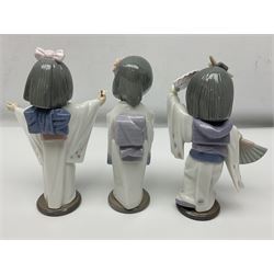 Six Lladro figures of the China doll set and Oriental doll set, comprising Playing the Flute no.6150, Bearing Flowers no.6151, Flower Gazer no. 6152, Oriental Dance no. 6230, Oriental Lantern no. 6231 and Oriental Beauty no. 6232, largest H20cm