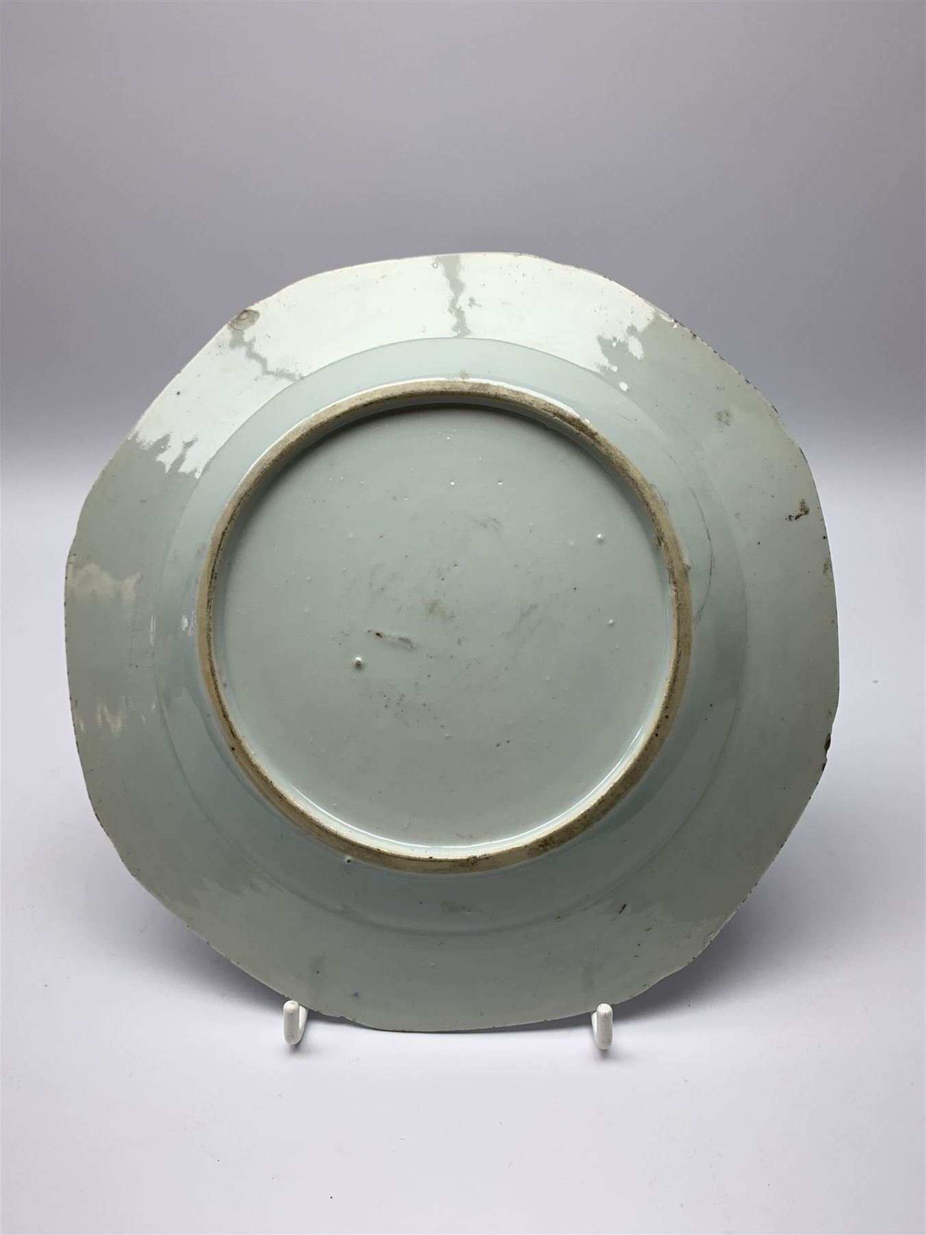 18th century Chinese blue and white porcelain plate, of octagonal form decorated with a riverside scene with pagodas, fence, and trees, within lattice and key fret detailed border, D22.5cm, together with a late 18th/early 19th century blue and white cream boat of English shape, H8.5cm, and an early 19th century Chinese blue and white coffee cup, H6cm, both decorated in riverside scenes 