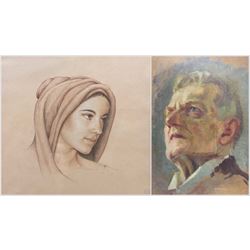 Hedwig Brecher Eibuschitz (Austrian 1880-1959): Portrait of a Man, oil on board unsigned, titled verso 42cm x 30cm; Continental School (20th Century): Portrait of Lady with Headscarf, pencil sketch signed with monogram 18cm x 19cm (2)