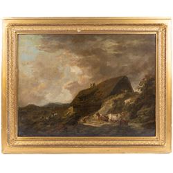 Manner of Thomas Hand (British fl.1790-1804): Thatched Farmhouse and Cattle, oil on canvas unsigned 45cm x 60cm 