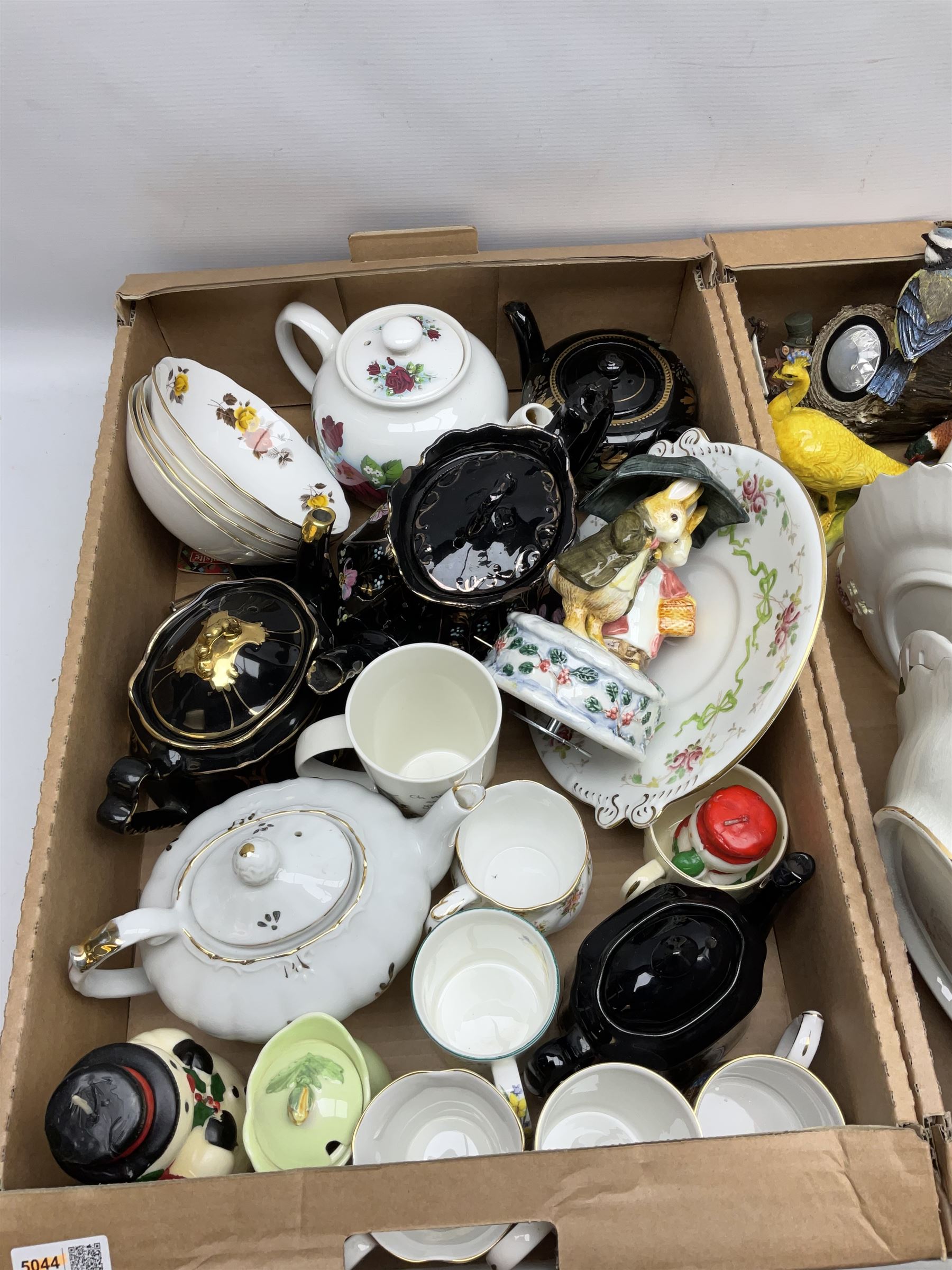 Large quantity of Victorian and later ceramics, to include teapots, Royal Worcester clock, Delft style, animal figures,  Sadler Shooting Scenes novelty teapot, commemorative ware, etc, three boxes